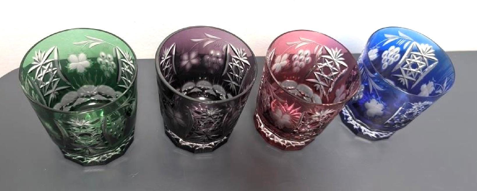 4 Pc. Set Ajka Marsala Cut To Clear Rocks glass, Cut To Clear Multi Color Czech Crystal Hand blown glasses, color to clear crystal