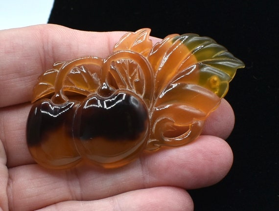 Bakelite Brooch Translucent amber cherries Figura… - image 4