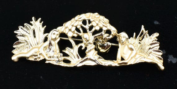 Vintage AJG Adam and Eve Brooch, Garden of Eden Gold Tone Pin