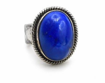 Vintage Sterling Silver Lapis Lazuli Ring, Signed 925, Blue Stone Statement Ring Size 6.25