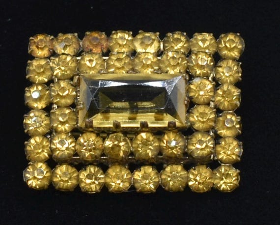 Antique Gold Rhinestone Brooch Rectangular Citrin… - image 1