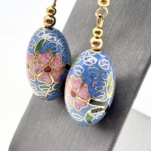 Authentieke cloisonné-oorbellen bloemen goud French Hooks Ear wire Dangle blauw en roze
