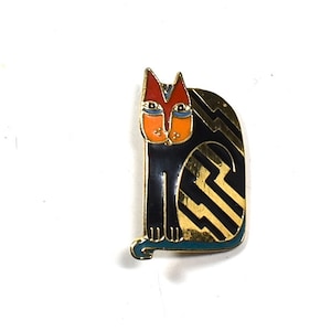 Vintage Aztec Cat Design, Black Orange and Red, Enamel Cat Brooch, Laura Burch