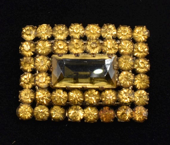 Antique Gold Rhinestone Brooch Rectangular Citrin… - image 3