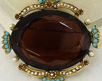 Victorian style Rare ART Signed amber stone with turquoise pearl and rhinestone accents in gold tone setting