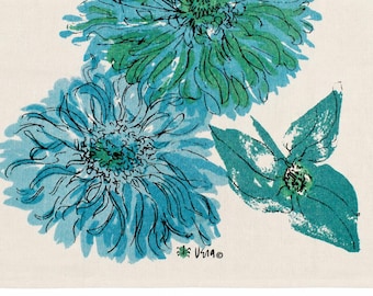 Vintage Vera Neumann Blågrön Blommig Linne Kökshandduk Signerad Nyckelpiga Mid Century Modern Textil