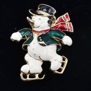 50er Jahre Emaille Eislaufen Schneemann Brosche, Weihnachtsschneemann Brosche, Emaille Schneemann Signiert SFJ