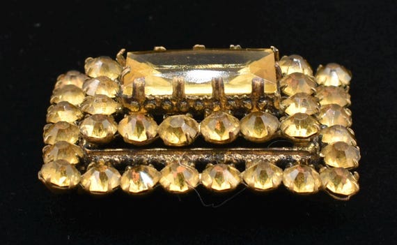 Antique Gold Rhinestone Brooch Rectangular Citrin… - image 2