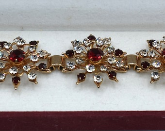 Vintage Rhinestone Bracelet Red and clear snowflakes bracelet Mint in box