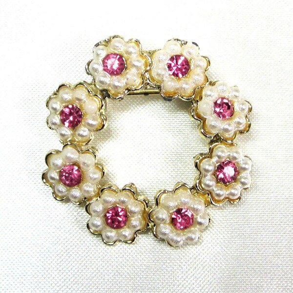 Vintage Pink Rhinestone and Faux Pearl Circle Pin, Excellent