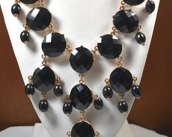 Aldo Big Bead Bib Necklace. Black Faceted Beads with Gold accents