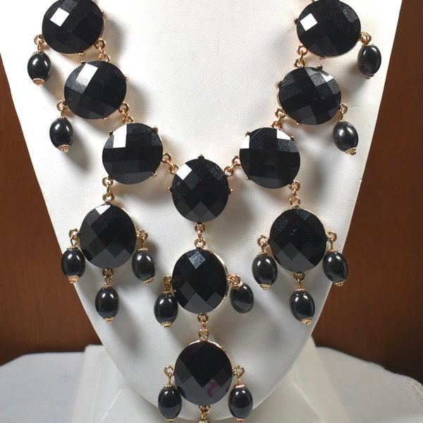 Aldo Big Bead Bib Necklace. Black Faceted Beads with Gold accents