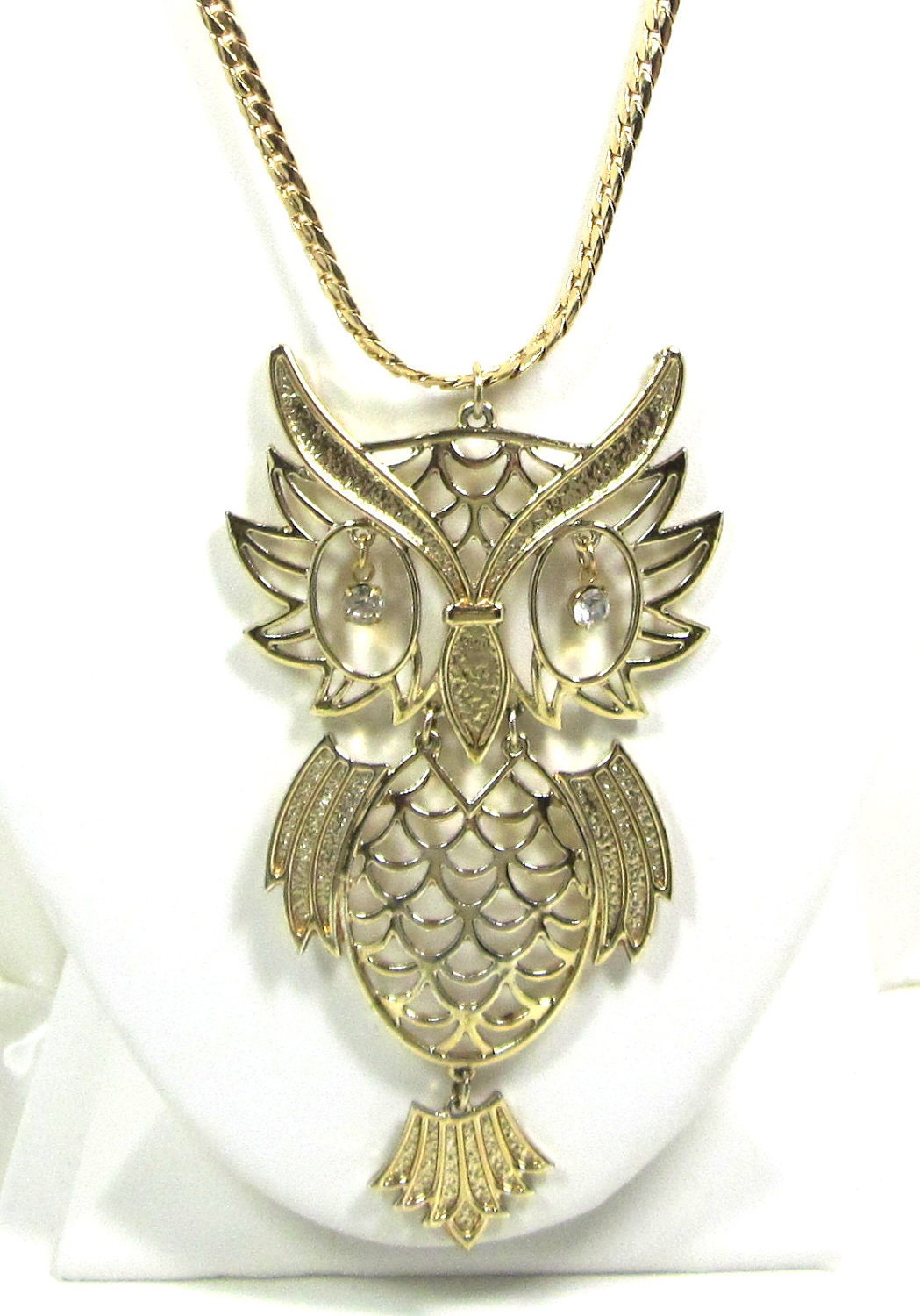Vintage Owl Pendant Necklace, Rhinestone Eyes