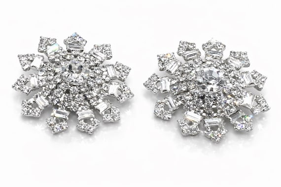 Vintage Pot Metal Rhinestone Earrings Clear Crystal Clip On