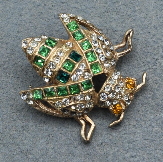 Antique Rhinestone Beetle Brooch, Insect Pin