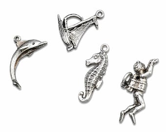 Sterling Silver Nautical Charms – Dolphin, Seahorse, Sailboat & Diver – Sold Together