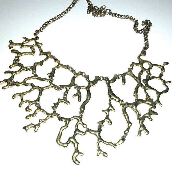 collier vintage d'éventail, doré, bijoux nocturnes d'éventail, collier forme libre, barrière de corail, collier plastron branche de corail