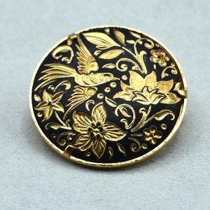 Vintage Damascene Brooch, Pin, Ornate, Gold Flowers and Birds