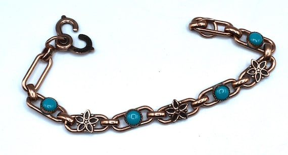 Signed Solid Copper Turquoise link bracelet - image 1