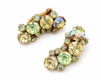 Vintage Karu Aurora Borealis Rhinestone Clip On Earrings, 1950s