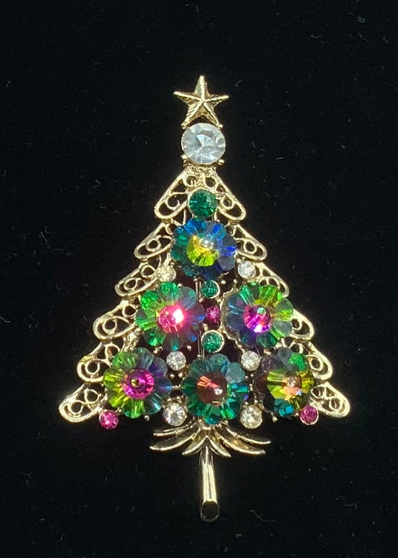 Vintage Christmas Tree ravioli rhinestone brooch,… - image 4