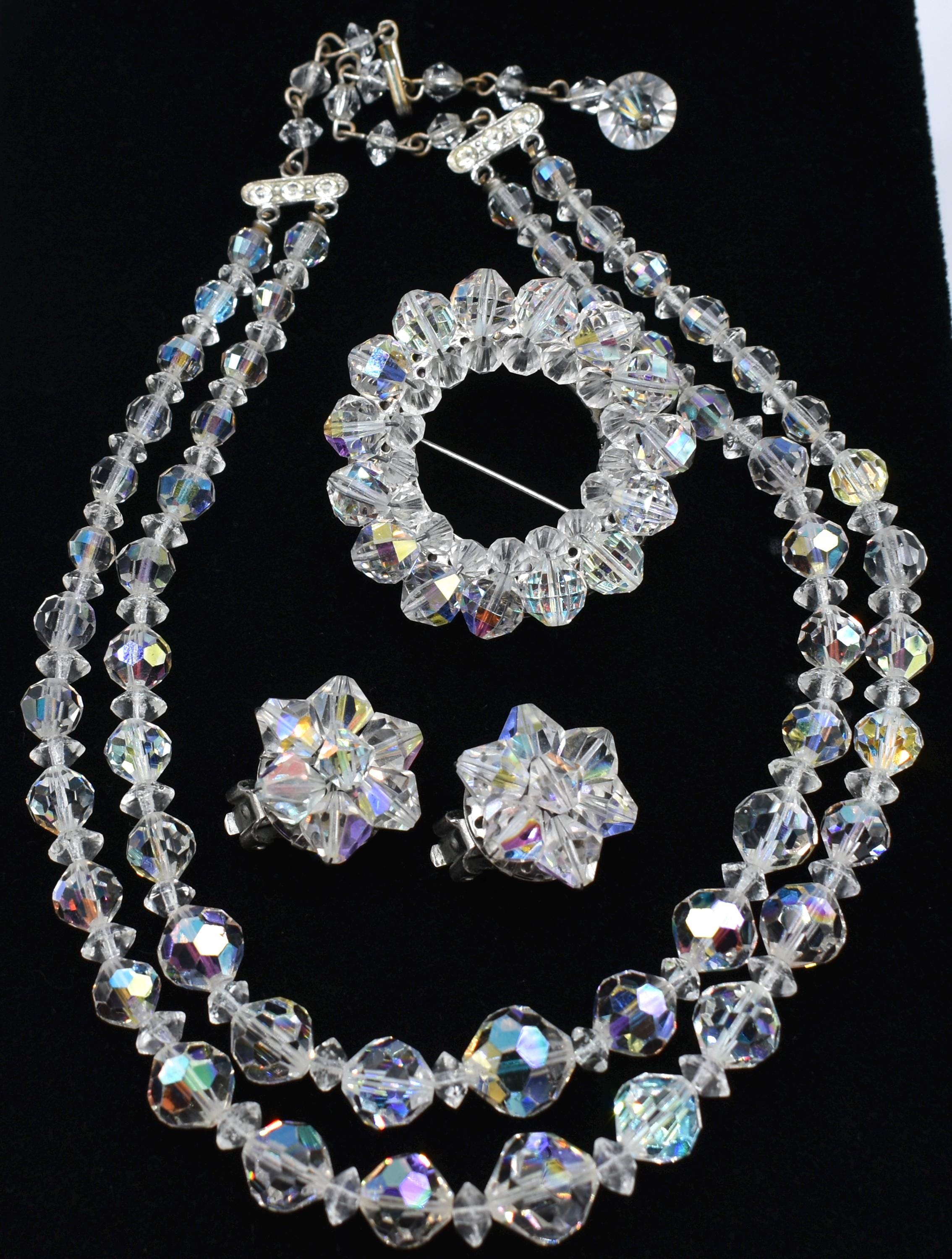 Aurora Borealis Crystal Choker Wedding Jewelry Set, Brooch