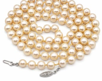 Vintage Opera Length Glass Pearl Necklace Hand Knotted Cream Beads Filigree Clasp