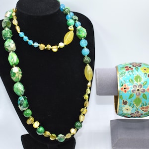 Copper Cloisonne Enamel Floral Bracelet, natural stone and slag beaded necklace, green jewelry