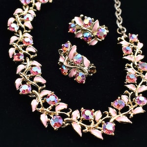 50’s pink Enamel Rhinestone necklace and earrings