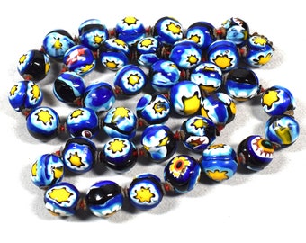 Vintage Murano Millefiori Necklace Venetian Art Glass Beads Italy Blue Floral Bead Necklace