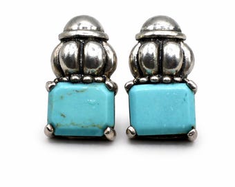 Vintage Turquoise Sterling Silver Stud Earrings Square Cabochon Southwestern Style