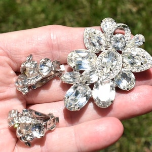 Eisenberg Ice Rhinestone Brooch and Earrings Guaranteed Clear Crescents with tiny rhinestones Martinis and brilliant cut stones