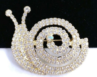 VINTAGE Snail Slug Shell Prong Set Rhinestone Figural Brooch Pin Gold Plated