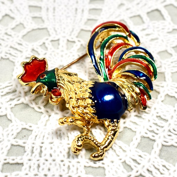 Vintage Hahn Brosche Helle Figurale Emaille Hahn Brosche Blau Grün Rot Emaille