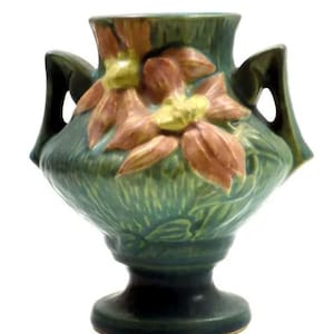 Antique Roseville Pottery 188-6” Clematis Double Handled Vase Collector Quality Roseville Pot Green and Teal matte finish 1944