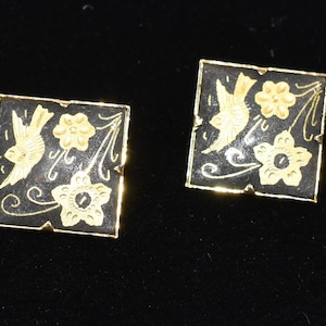 Gold on black Damascene earrings Toledo Spain Clips Beautiful design birds and flowers