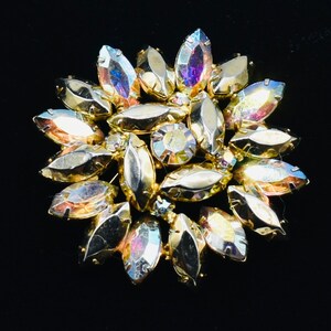 Unusual AB Rhinestone and Gold Plated Rhinestone brooch