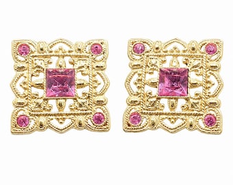 Pendientes de botón de filigrana con diamantes de imitación rosas, estilo vintage de 1928.