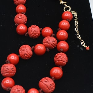 Vintage Red Cinnabar beaded necklace Chinese cinnabar hand carved hand knotted