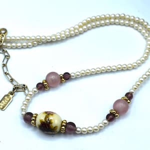 1928 Porcelain Necklace Roses and Hearts Faux Pearls and Porcelain