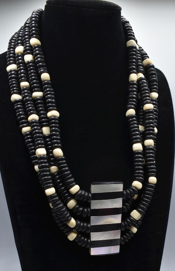 Statement necklace with MOP shell black puka and … - image 2