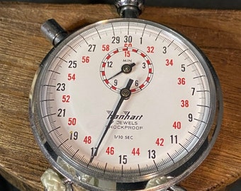 Chronomètre Hanhart allemand vintage de la Seconde Guerre mondiale, minuterie Sportcrafter, 7 bijoux, horloge de poche VTG 1/10 de seconde antichoc pour les courses d'athlétisme