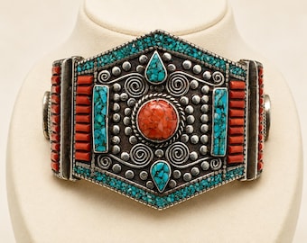 Vintage Sterling Silver Turquoise Coral Southwestern Statement Cuff Bracelet