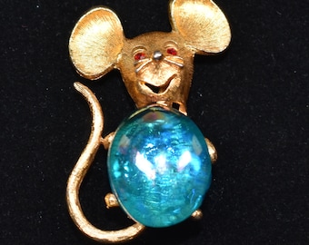 Vintage Park Lane Jelly Belly Mouse-broche aqua iriserend glas