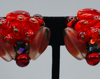 Vintage red beaded clip on earrings