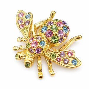 Joan Rivers Pastel Rhinestone Bee Brooch Gold Tone Signed
