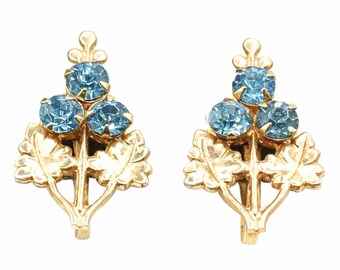 Blue Rhinestone Floral Earrings – Gold Tone Leaf Design Screw Back