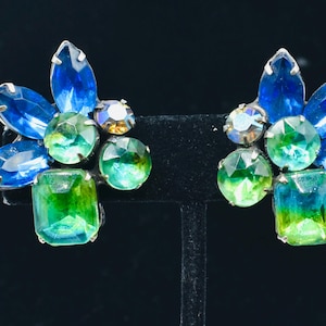 Vintage Kramer Blue Green Rhinestones Art glass earrings clip back