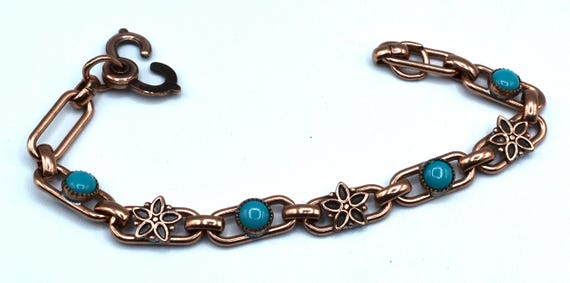 Signed Solid Copper Turquoise link bracelet - image 2