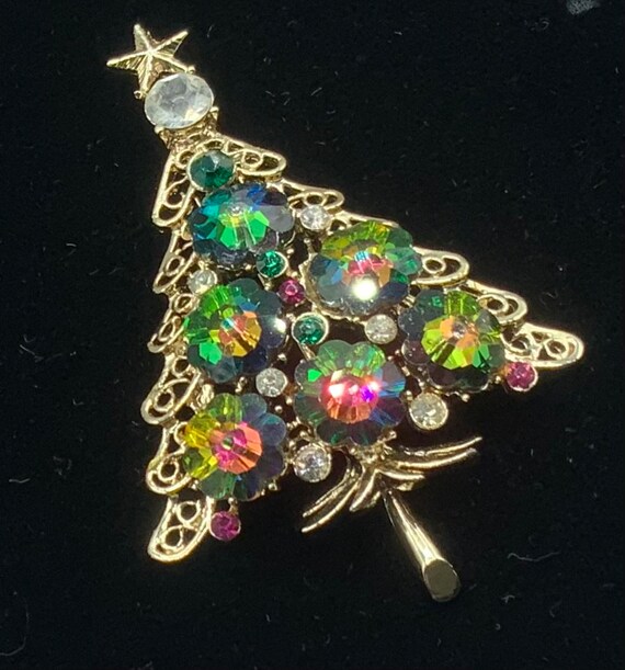Vintage Christmas Tree ravioli rhinestone brooch,… - image 3
